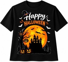Happy Halloween T Shirt Haunted Castle Pumpkin Bats Spooky Gift