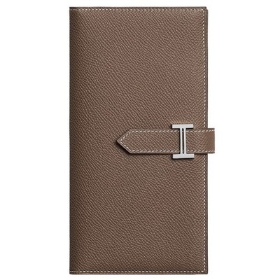 Hermes Bearn Wallet With Gusset Etoupe Epsom Calfskin Leather Palladium Plated