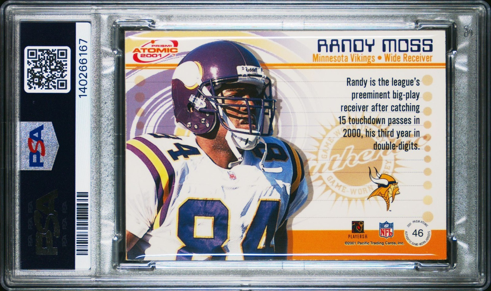 2001 Pacific Prism Atomic Game Jersey Randy Moss PATCH #46 PSA 6 Vikings Logo view 2