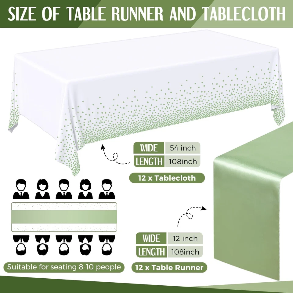 24 Pack White and Sage Green Disposable Plastic Tablecloths and Satin Table R... - Image 2 of 4