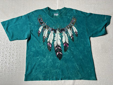 Vintage Tribal Feather Native American T Shirt Men Large Crew Neck Teal