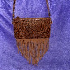 Free People Brown Embossed Fringe Leather Crossbody Bag