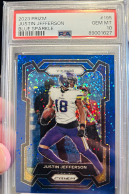 Panini 2023 Prizm Justin Jefferson #195 Blue Sparkle Prizm /96 PSA 10 Vikings