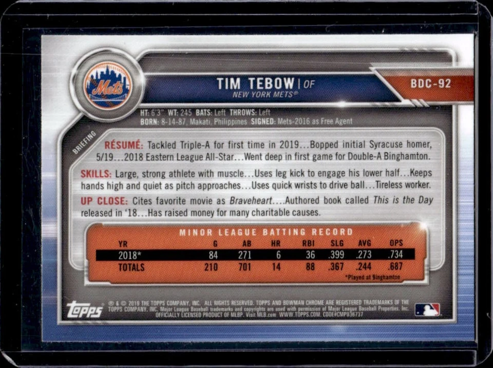 2019 Bowman Draft Sapphire Tim Tebow Prospect #BDC-92 Mets - Image 2 of 2