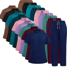 NiaaHinn Scrub Uniforms Women Scrub Set Stretch Zipper Top Cargo Elastic Pant