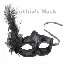 Black Shiny Metallic Venetian Masquerade Mask w/Ostrich Feather Prom Party