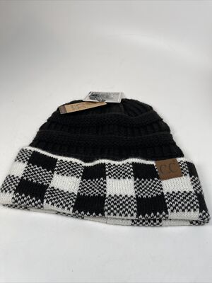C.C Exclusive Women Soft Buffalo Check Plaid Knit Messy Bun Ponytail Beanie Hat