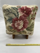 Cottagecore Needlepoint Pillow Floral Cream Velvet Back with Zipper Square 10"