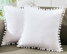 Pair WHITE VELVET POM POM PILLOW COVERS 12 x 20, 18 x 18, 22 x 22,  24 x 24