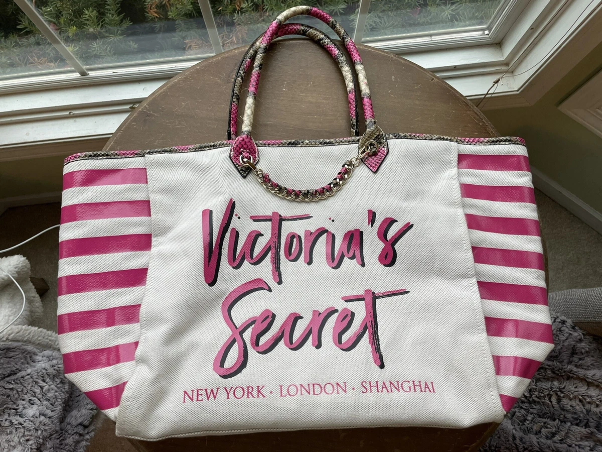 Victoria’s Secret Canvas Tote Bag Pink Stripe Faux Snakeskin Handle w/ Chain