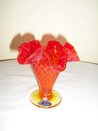 FENTON Orange Yellow Amberina Hobnail Ruffled VASE 1960's - ORIGINAL STICKER
