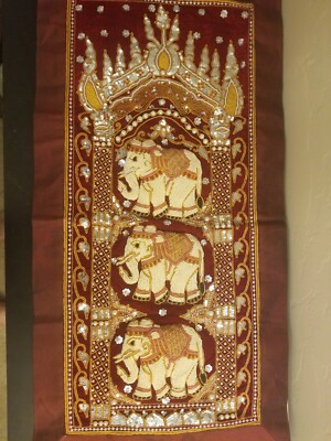 Tenture Murale Indienne Éléphant - Art Textile Brodé Et Bijou, 28x24 Pouces