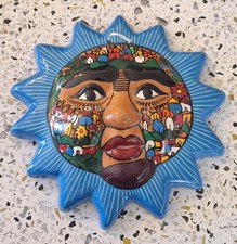 Colorful Blue Sun Face Guerrero Pottery Wall Hanging, Mexican Folk Art 10"