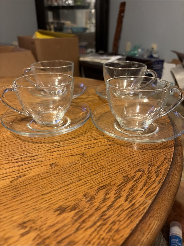 Vintage Arcoroc FRANCE Classique Clear Glass Set Of 4 Tea/ Espresso Cup & Saucer
