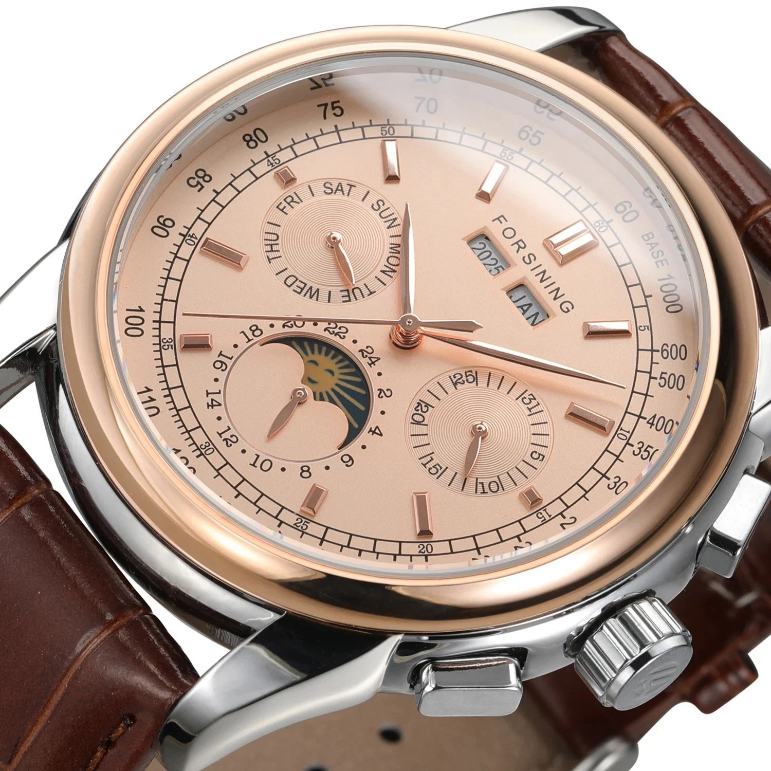 Skeleton Moon Phase Automatic Men’s Watch Leather Strap Rose Gold