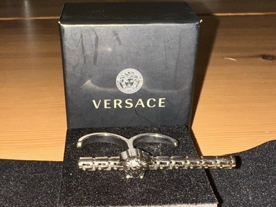 Versace Medusa Logo Greca griechischer Schlüssel Silber Bar Zwei Finger Ring Gr. L UVP 550£