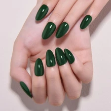 Halloween Green Glossy Press on Nails Short Almond, Glossy Green Fake Nails H...
