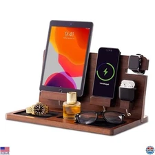 Wooden Nightstand Organizer for Men - Phone & Key Stand with Hidden Wire Grooves