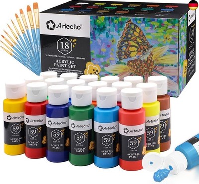 Artecho Acrylfarben Set 18 x 59ml mit 10-teiligem Pinsel, Acrylfarben