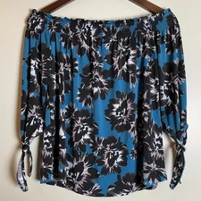 White House Black Market Top Size XS Off Shoulder Blue Black Floral 3/4 Sleeve