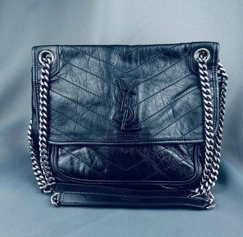 Saint Laurent Niki Silver Hardware Shoulder Bag Medium Black Leather