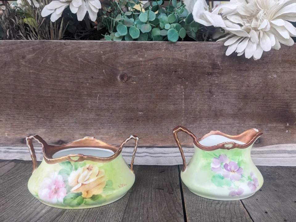 Антикварный сахарник и сливочник Richard Ginori в стиле модерн с ручной росписью с цветочным рисунком - Изображение 3 из 4