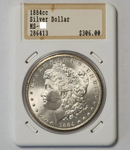 1884 CC Morgan Silver Dollar - Vintage Hannes Tulving Holder, BU UNC Slab-250B