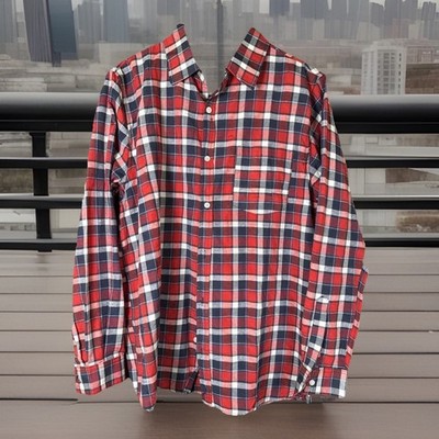 Real Essentials mens long sleeve casual shirt red navy plaid cotton blend XL