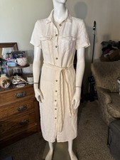 Zara Women's Embroidered Linen Blend Dress Beige, Size Small