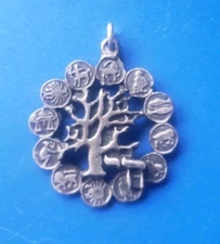 Vintage Silver Tone Tree of Life with Judaica Chai / Horoscope Zodiac Pendant 