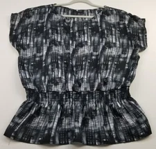 AB Studio Blouse Women’s XL Black Gray White Abstract Short Sleeves Lightweight