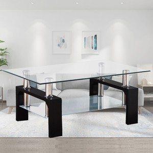 Black Wood Chrome Glass Coffee Table with Shelf Storage ...