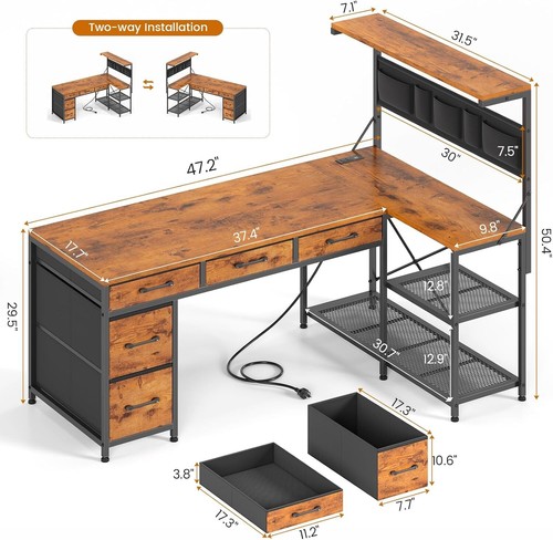 Corner Computer Desk, Reversible L Shaped office Desk with 5 Drawers&LED Lights - Picture 17 of 35