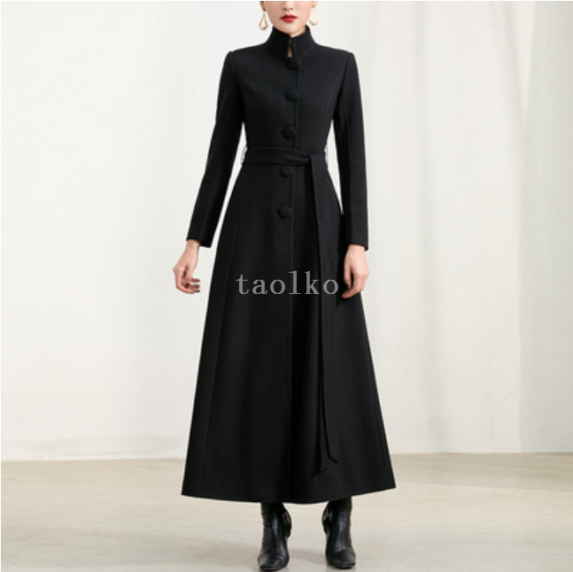 Women's Stand Collar Single Breasted Wool Blend Long Trench