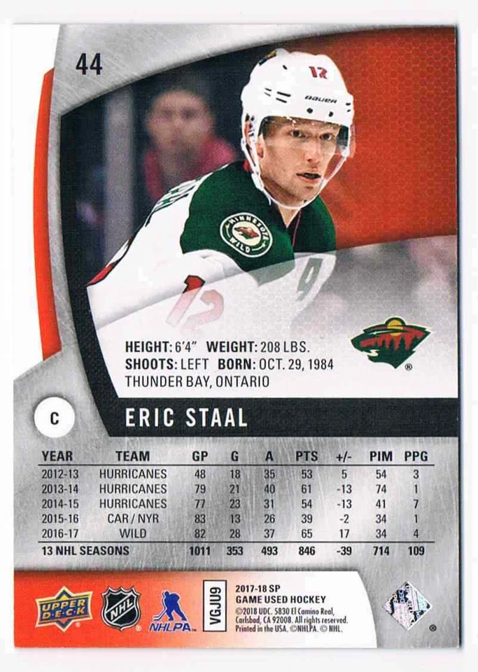 2017-18 SP GAME USED ERIC STAAL 049/145 MINNESOTA WILD #44 - Image 2 of 2