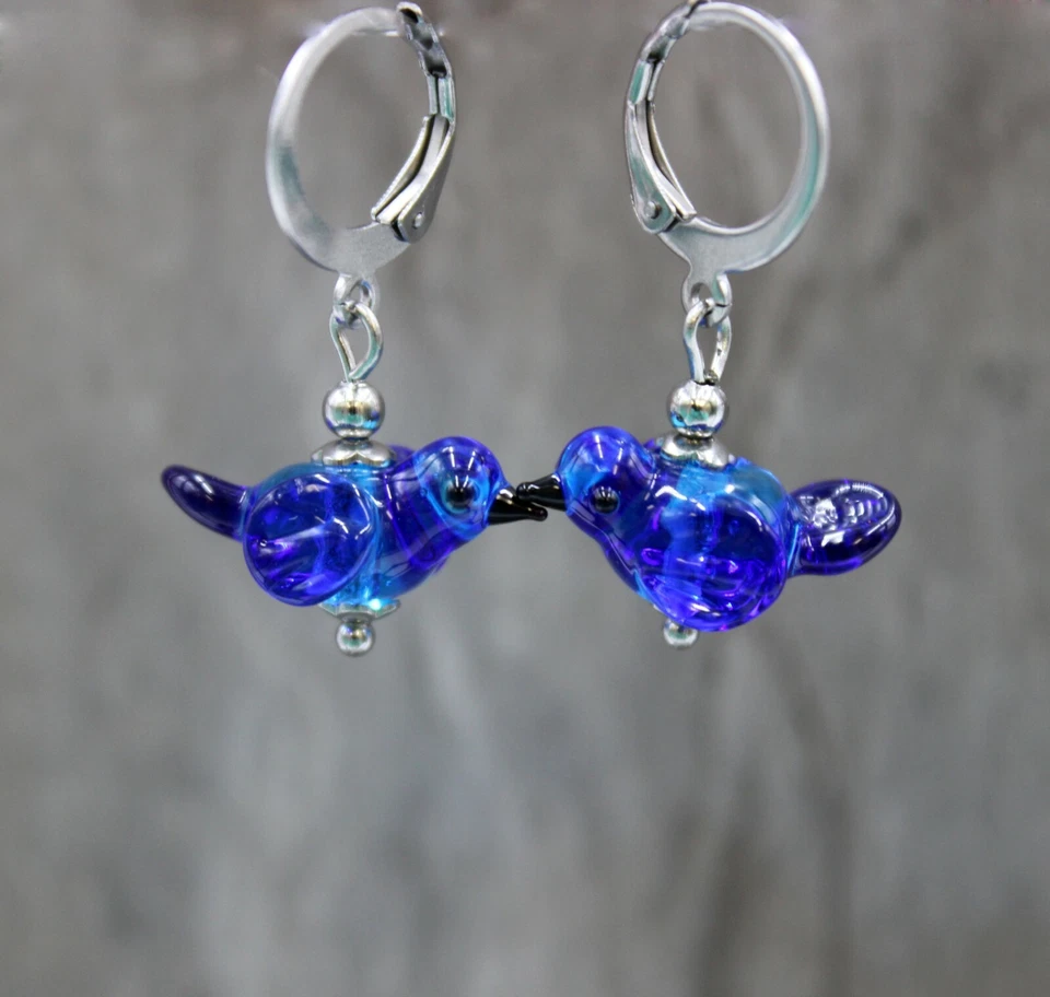 Vogel Ohrringe Ohrhänger Damen Bird Blau Türkis Lampwork Perlen Glas #LA068 - Bild 2 von 4
