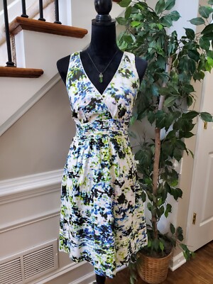  Jonathan Martin White Floral 100% Cotton Sleeveless V Neck Sheath Dress Medium 