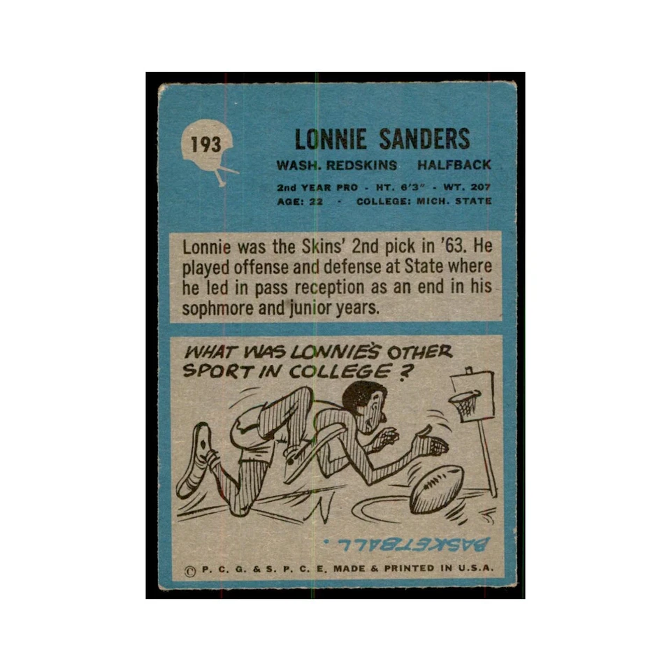 1964 Philadelphia Lonnie Sanders Football Cards #193 - Image 2 of 3
