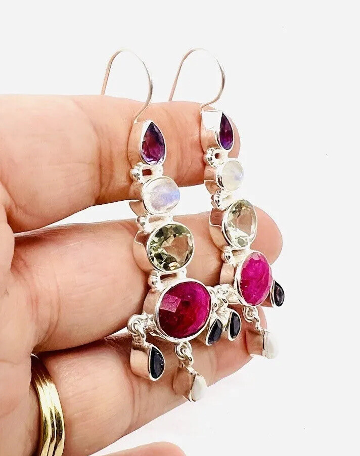 Large Sterling Silver Ruby & Multi Gemstone Drop … - image 2