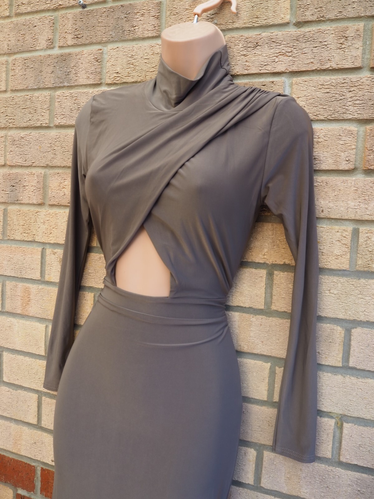 MISS BLUSH DARK TAUPE CUT OUT LONG SLEEVE HIGH NECK BODYCON PARTY DRESS