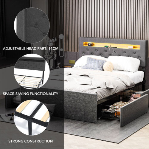 Polsterbett Doppelbett 140x200cm Lattenrost Bettgestell LED Stauraum-Kopfteil Gq - Bild 7 von 20