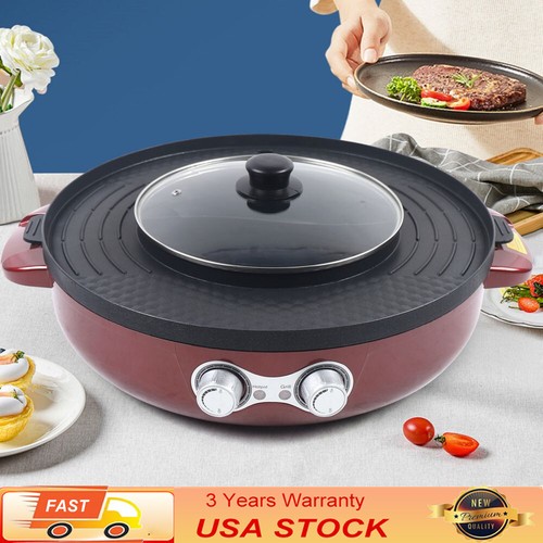 2 in 1 Electric Smokeless Grill and Hot Pot BBQ Grill Soup Shabu Pot 2200W 110V