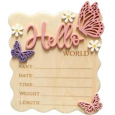 Wooden Hello World Newborn Baby Announcement Sign - Butterfly Daisy Birth pink