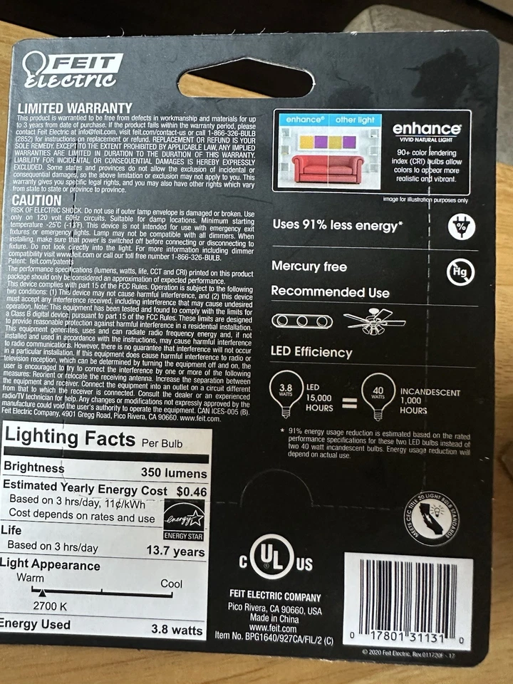 2 FEIT Electric 40 Watt LED Vivid Natural Light BULBS 350 LUMES 3.8 Actual Watts - Image 2 of 2