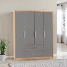 Seville 4 Door 2 Drawer Wardrobe Grey High Gloss Oak Veneer Bedroom Storage