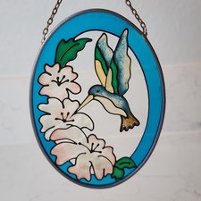 Vtg Stained Glass Hummingbird Suncatcher Oval Window Hanging 5x4" Handcrafted
