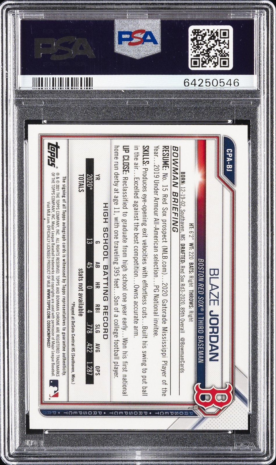 2021 BOWMAN CHROME PROSPECT AUTO #CPABJ BLAZE JORDAN 32/75 PSA 10 AUTO 10 view 2