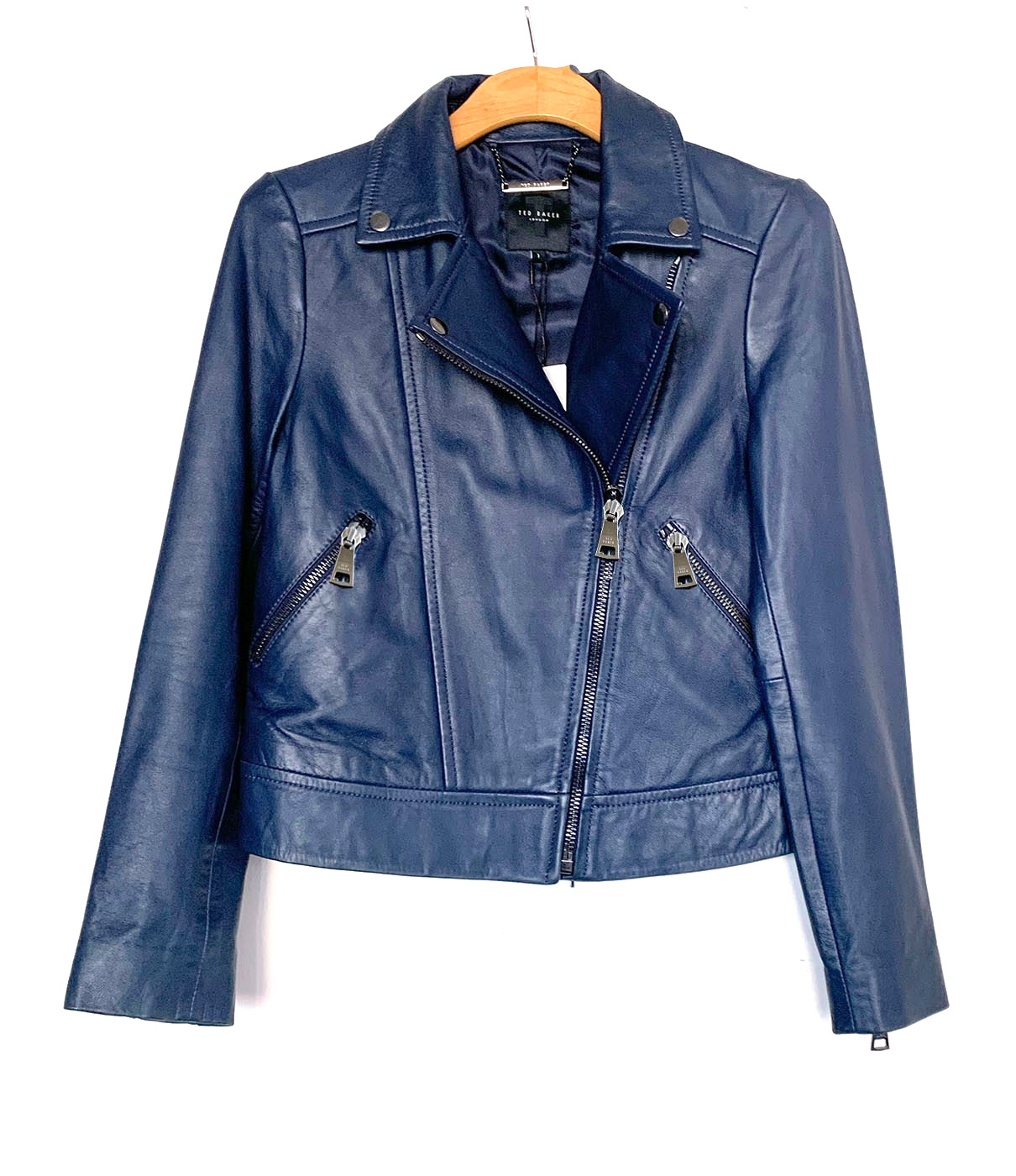 Ted Baker London Women's "Ellaar" Navy Fitted Leather Moto Jacket Size: 1/US 4