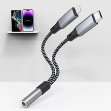 USB C and Lightning to 3.5mm Headphone Adapter for iPhone - 2 in 1 Black