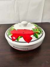 See’s Candies Christmas Ceramic Covered Candy Dish Holly Berry Red Bow Bowl